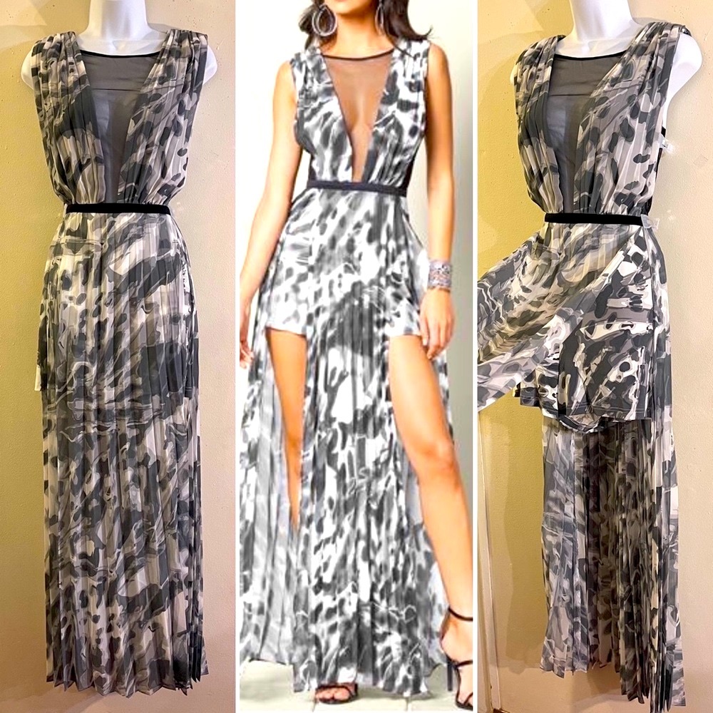 Leopard Print Romper with Pleated Maxi Overlay